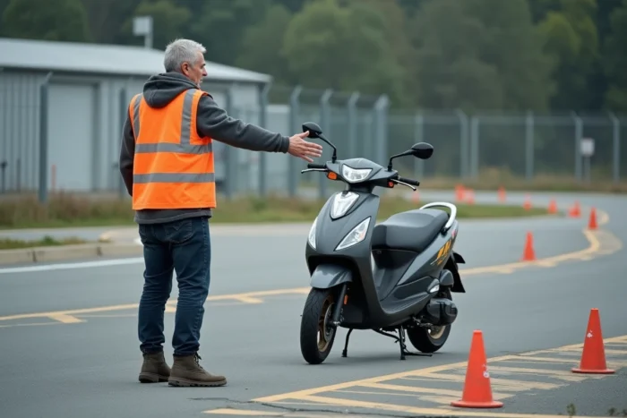 Moniteur d'auto-école encadrant une formation sur scooter 250 cm3 sur un circuit d'apprentissage