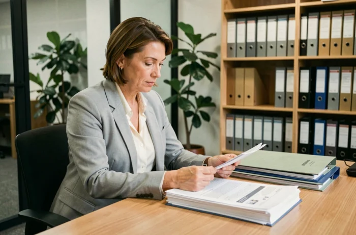 Gestionnaire de copropriété examinant des documents de chauffage dans un bureau administratif moderne