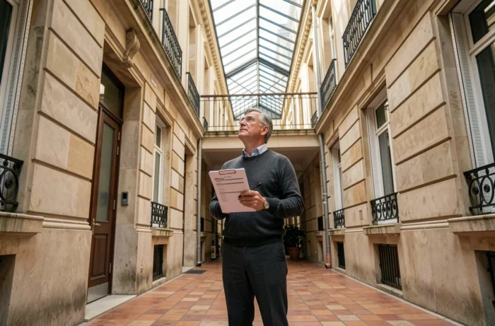 Gestionnaire de copropriété inspectant les parties communes d'un immeuble haussmannien selon la loi Alur