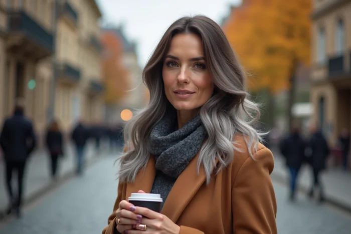 Femme aux cheveux bruns ondulés avec technique grey blending dans une rue pavée en automne