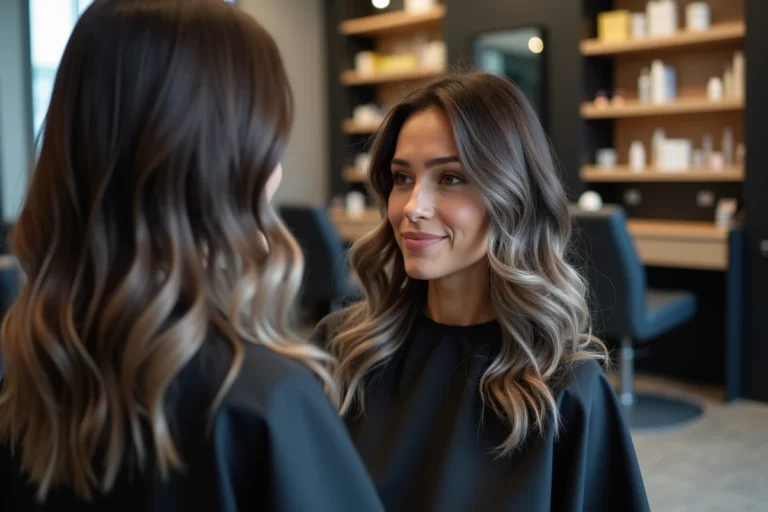 Femme aux cheveux bruns avec des reflets gris naturellement fondus dans un salon de coiffure moderne