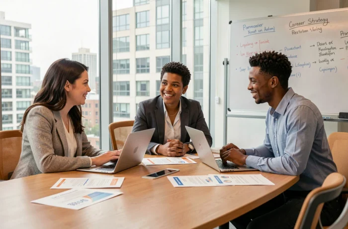 Groep professionals in vergadering die strategieën voor carrière en digitale vacatures bespreken rond een conferentietafel