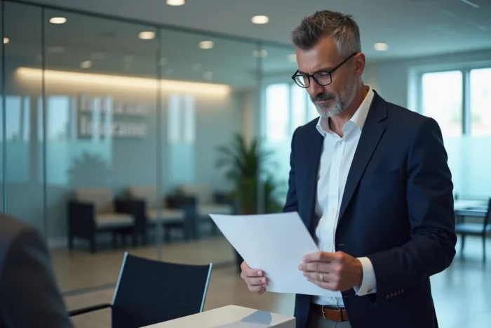 Homme récupérant son relevé d'information dans une agence d'assurance automobile