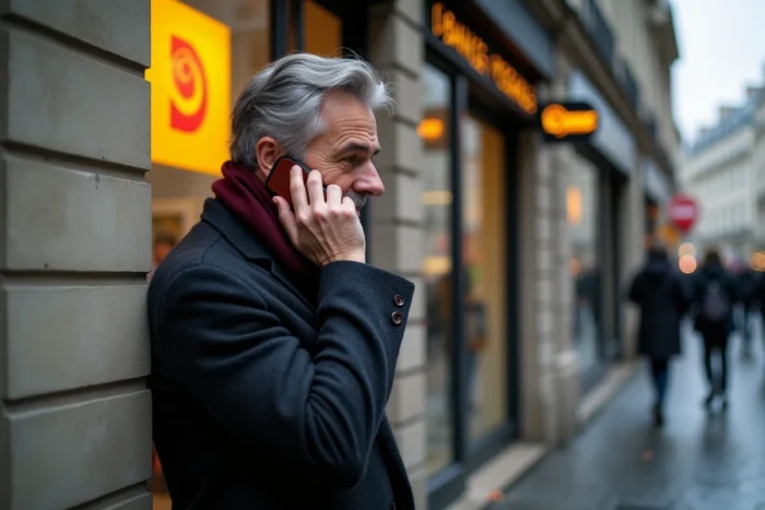 Homme devant une agence La Banque Postale passant un appel téléphonique pour signaler une opposition sur carte