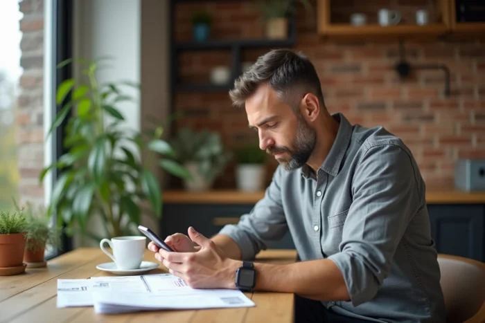 Homme gérant ses finances personnelles via une application bancaire sur smartphone à domicile