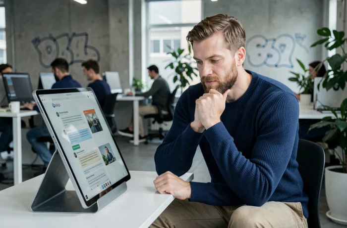 Homme consultant un blog français spécialisé sur les chatbots dans un espace de co-working moderne