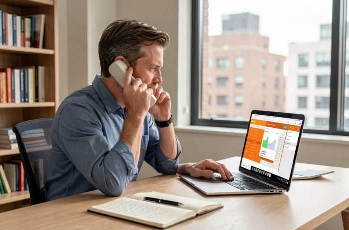 Homme consultant le tarif et les horaires du 3900 Orange depuis son bureau à domicile