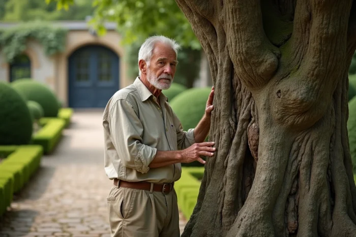 Homme âgé contemplant le tronc noueux d'un vieux catalpa dans un jardin historique français