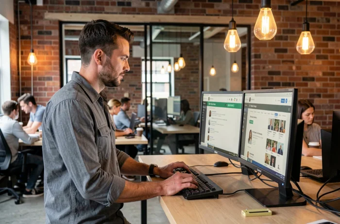 Jonge actieve man die online aan zijn sollicitaties werkt in een moderne coworkingruimte met dubbele scherm