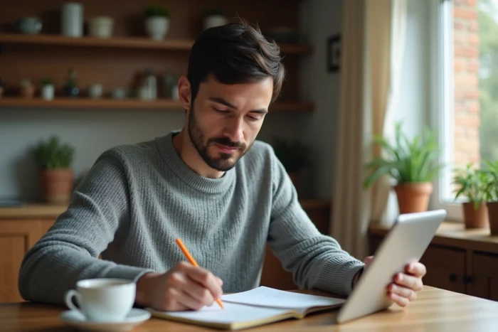 Homme travaillant depuis chez lui sur une demande de financement participatif pour soutenir son projet personnel