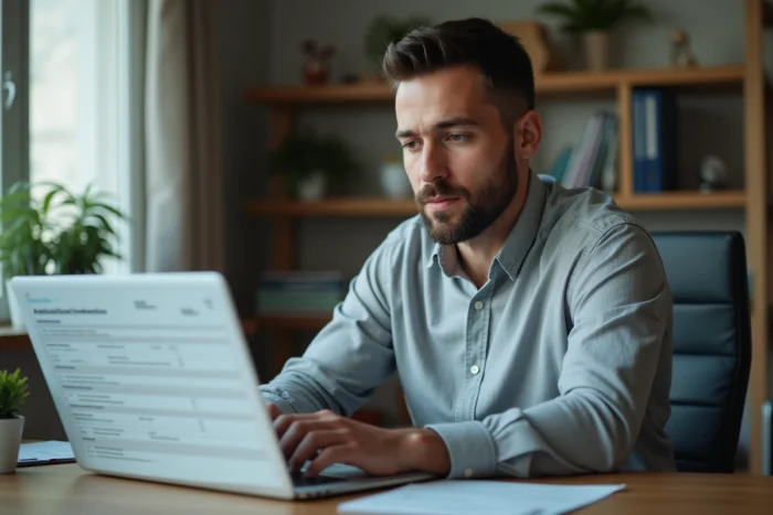Homme travaillant sur un formulaire administratif en ligne relatif au code APRM depuis son bureau à domicile