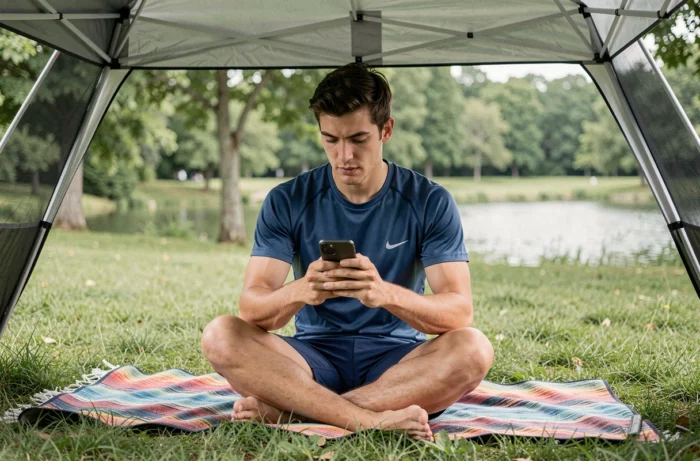 Jeune homme consultant l'indice UV sur son téléphone sous un auvent portable au bord d'un lac en plein air