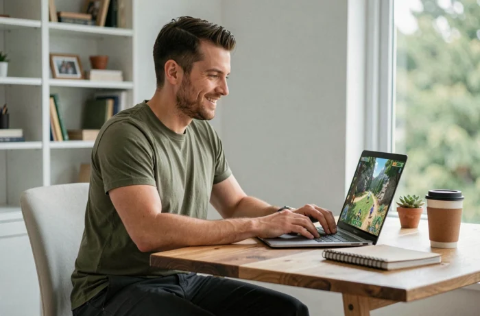 Homme adulte jouant à un jeu en ligne sur l'écologie sur son ordinateur portable dans un bureau minimaliste