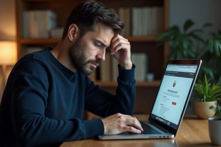 Homme confus devant un navigateur en mode navigation privée sur son ordinateur portable dans un bureau à domicile