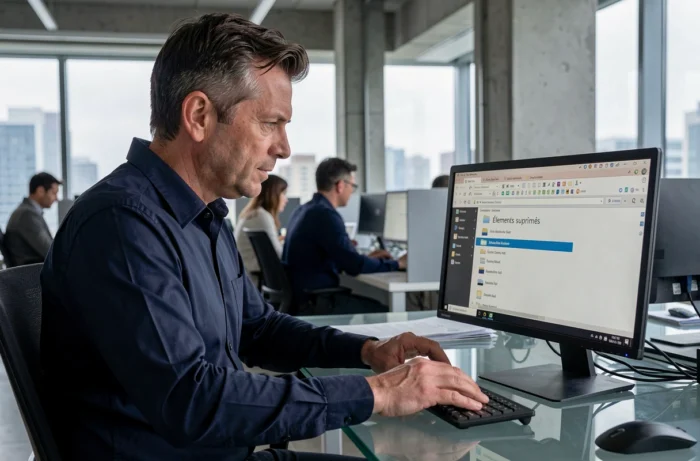 Homme en open space professionnel recherchant un mail supprimé dans sa messagerie sur ordinateur de bureau