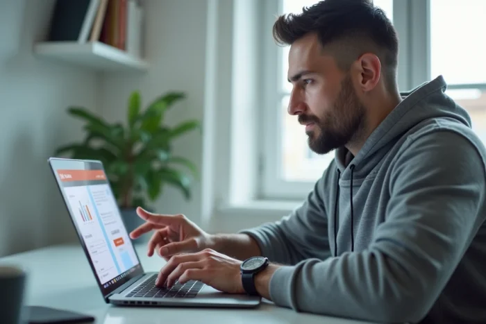 Homme effectuant une démarche d'opposition bancaire en ligne sur le site de La Banque Postale depuis son domicile