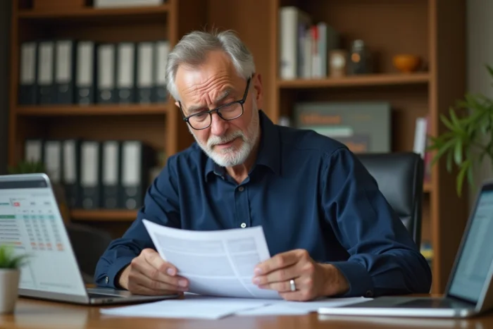 Homme en fin de carrière examinant ses documents de retraite à son bureau à domicile