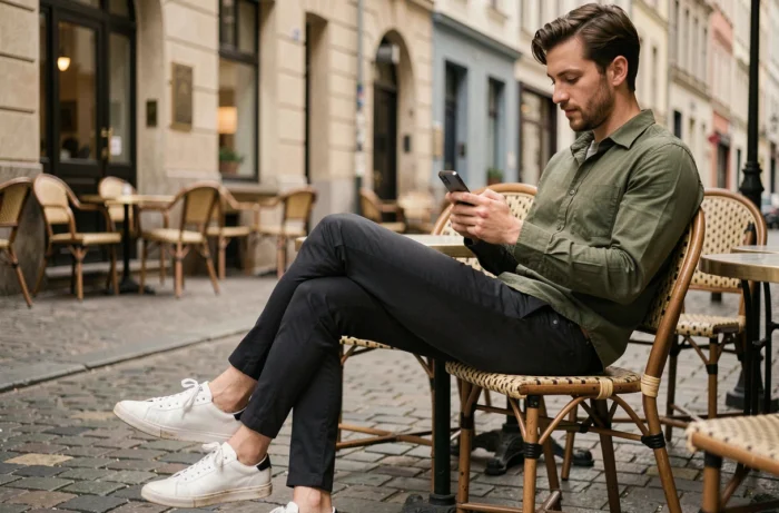 Homme stylé en tenue décontractée tendance assis en terrasse de café dans une rue européenne