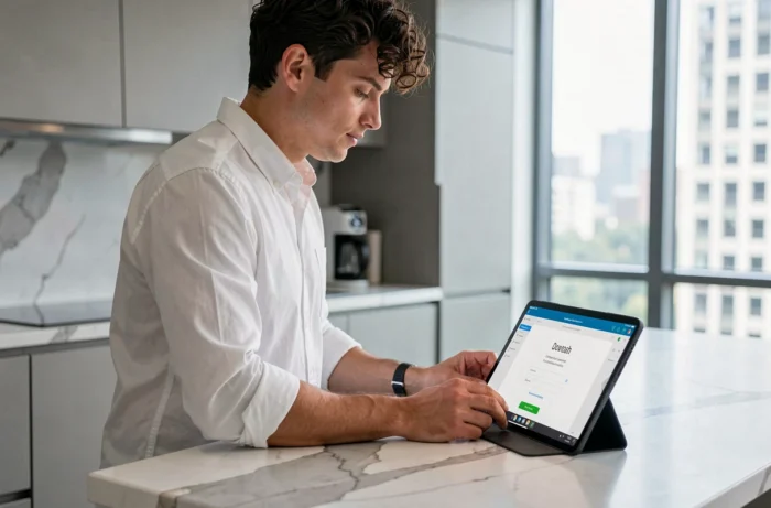 Jeune homme consultant FileCR sur tablette pour télécharger un logiciel en sécurité
