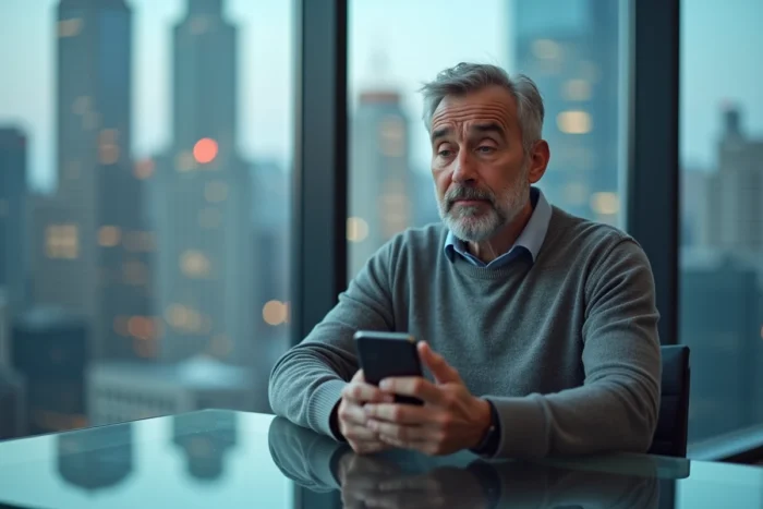 Homme scrutant une application financière sur smartphone pour protéger son argent des erreurs avec Gadrov