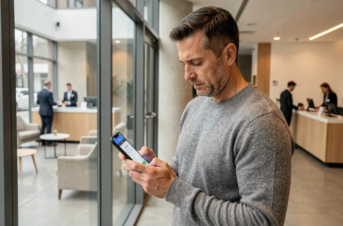 Homme effectuant un virement bancaire sécurisé depuis son smartphone dans une agence bancaire moderne