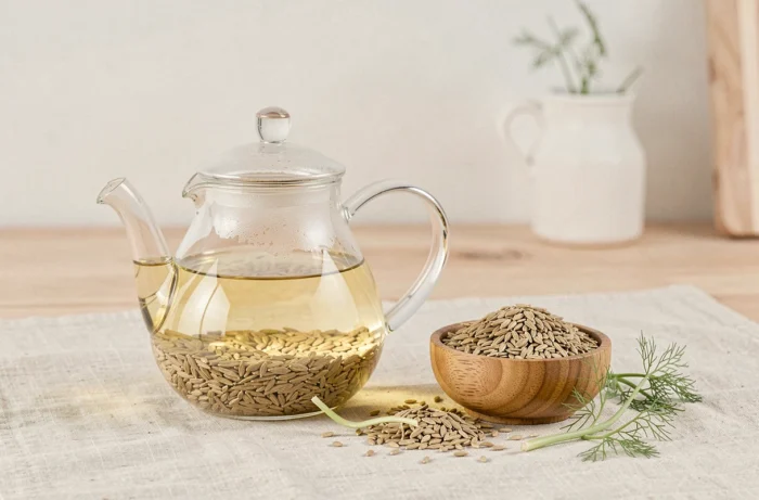 Théière en verre avec une infusion de fenouil jaune pâle, graines de fenouil séchées et fronde fraîche sur une nappe en lin naturel
