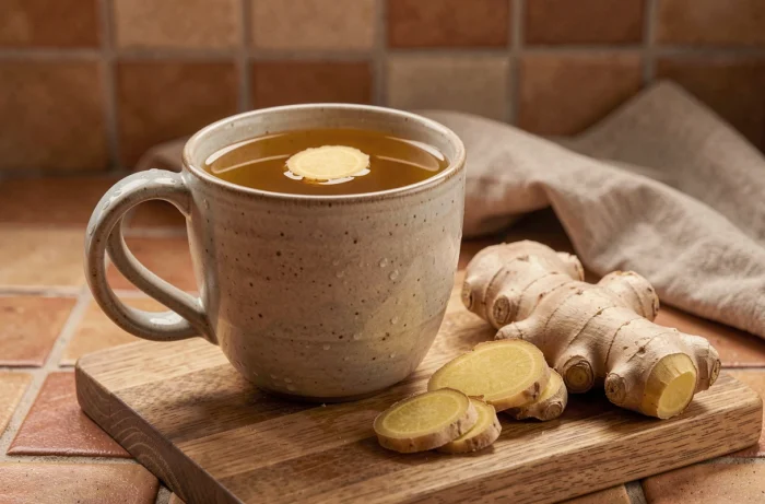 Mug de tisane au gingembre dorée avec une rondelle de gingembre frais et une racine de gingembre brute sur une planche en bois