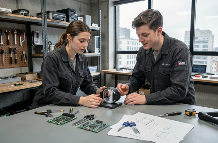 Deux ingénieurs collaborant sur un prototype de dispositif portable dans un atelier de startup hardware urbain