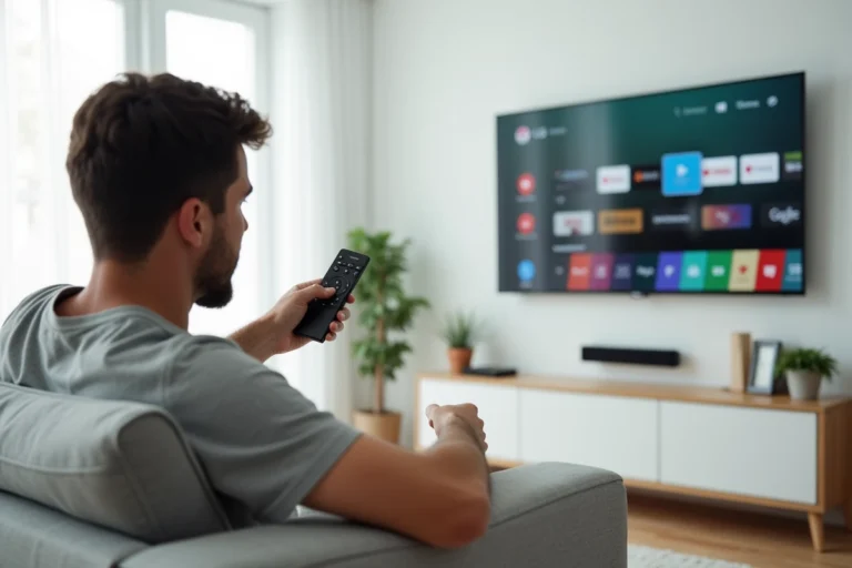 Homme installant le Play Store sur une Smart TV LG dans un salon moderne minimaliste