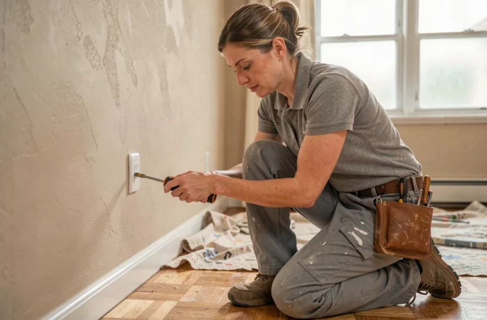 Electrician installing a wall electrical socket in a living room under renovation