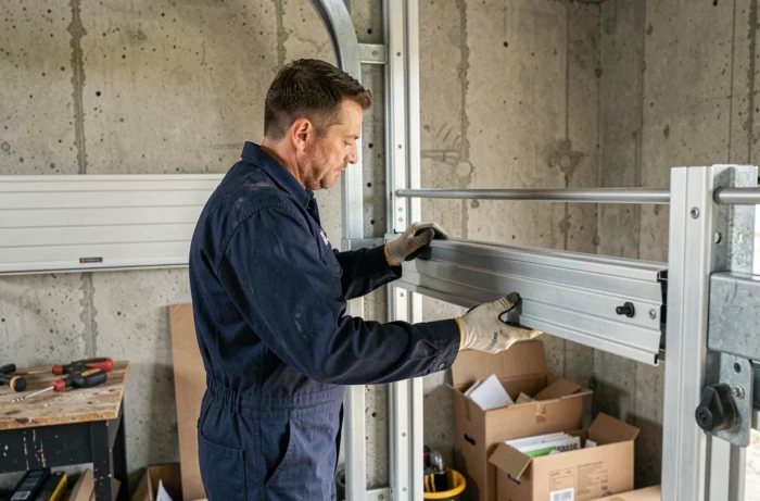 Technicien installant le rail d'une porte de garage enroulable sur un mur en béton