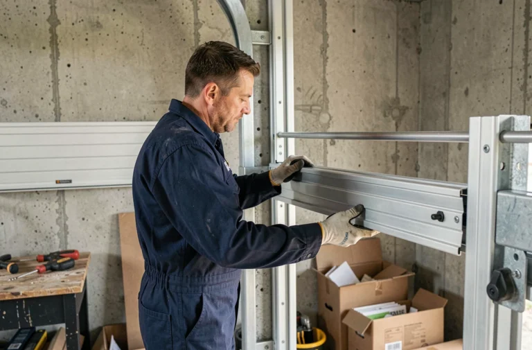 Technicien installant le rail d'une porte de garage enroulable sur un mur en béton