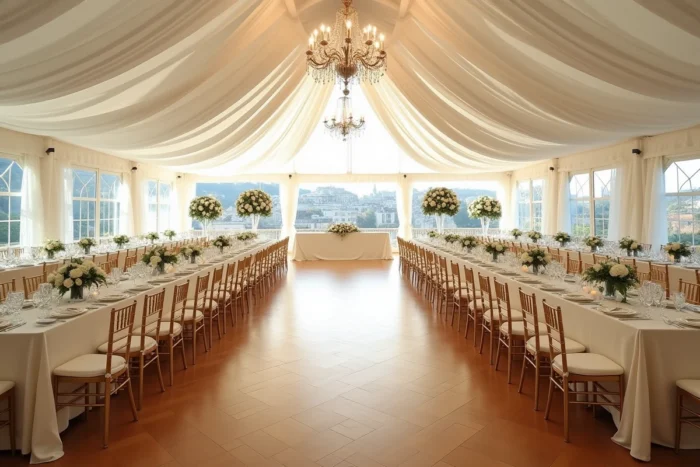 Intérieur d'un chapiteau de réception décoré pour un gala parisien avec tables de banquet et lustre central