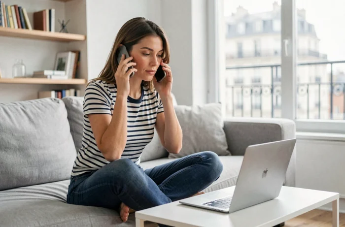 Jeune femme contactant la CPAM de Montpellier en ligne depuis son domicile avec smartphone et ordinateur