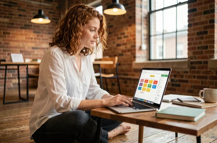 Jeune femme consultant un outil de plan de site sur ordinateur portable dans un espace de coworking