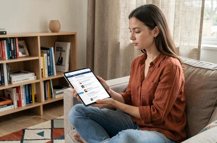 Jeune femme parcourant le sitemap d'un magazine en ligne sur une tablette dans un espace de travail à domicile