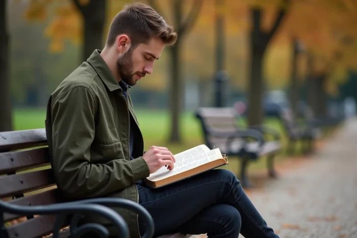 Jeune homme lisant un guide de grammaire française dans un parc pour apprendre à utiliser correctement les expressions idiomatiques