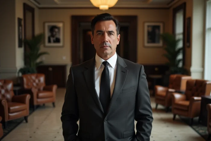 Portrait en intérieur d'un homme élégant dans un hall d'hôtel de luxe hollywoodien, entouré de photographies de célébrités, illustrant l'héritage familial dans le monde du cinéma