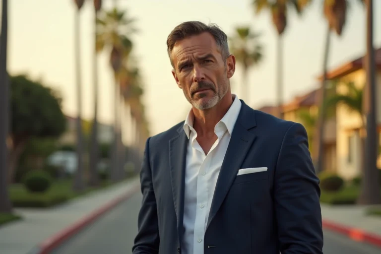 Portrait éditorial d'un homme aux allures hollywoodiennes sur un boulevard californien bordé de palmiers, évoquant le destin singulier d'une célébrité discrète