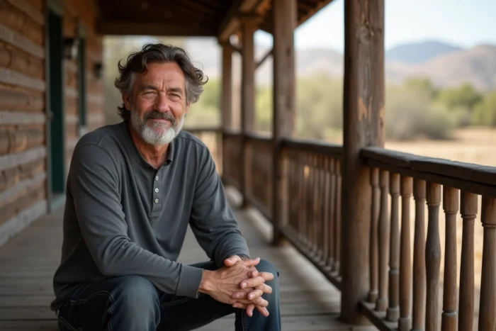 Homme assis sur le porche d'un ranch californien typique, dans un cadre rural évocateur de la vie en dehors des projecteurs d'Hollywood