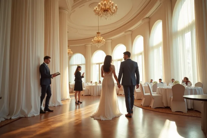 Un couple visite une grande salle de réception pour évaluer si elle correspond à leur nombre d'invités