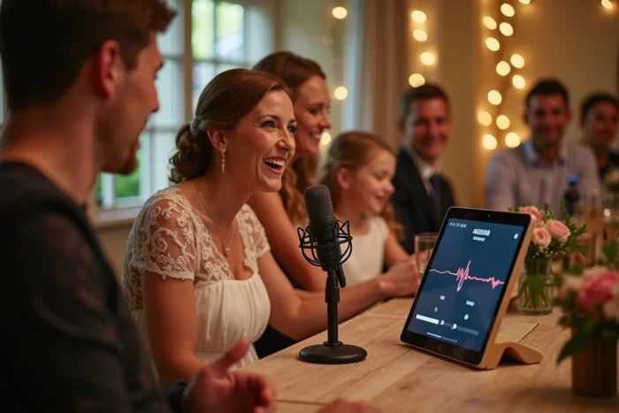Des invités enregistrent des messages vocaux dans un livre d'or audio lors d'une réception de mariage