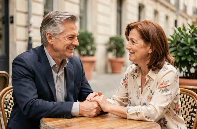 Marc Toesca et sa compagne attablés en terrasse parisienne, un couple discret et élégant partageant un moment complice