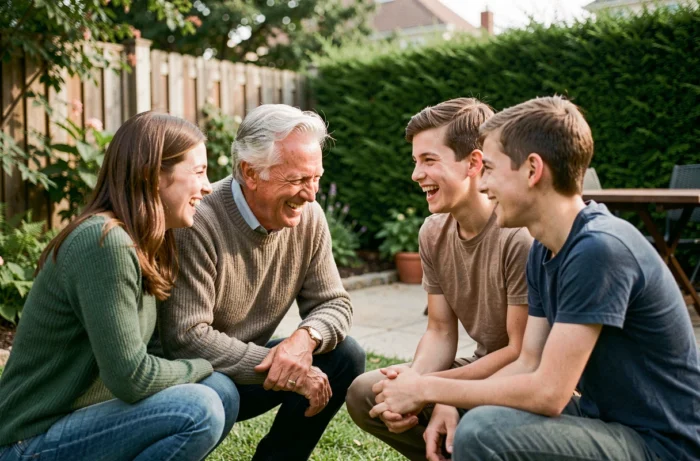 Um pai de família sorridente com seus filhos adolescentes em um jardim verdejante, cena de vida familiar natural e cúmplice