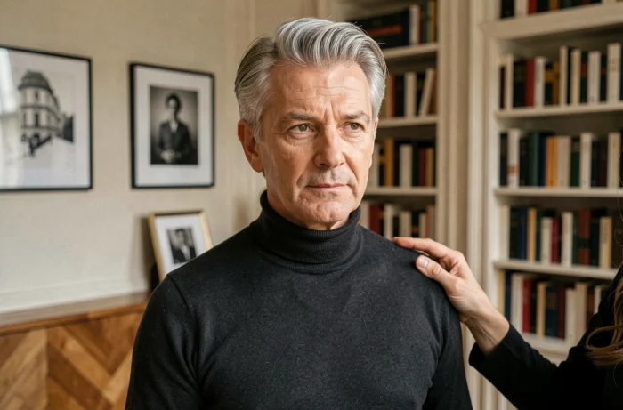 Retrato intimista de um homem elegante em um apartamento parisiense clássico, evocando uma vida privada discreta e refinada