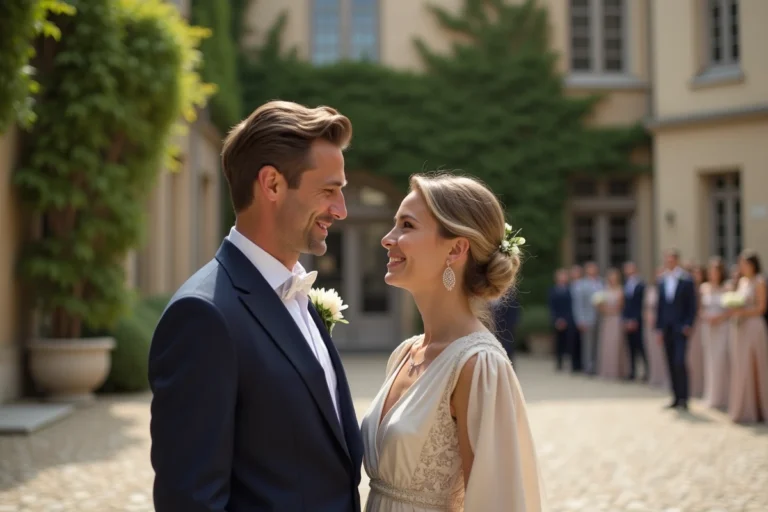 Couple élégant en tenue de cérémonie dans la cour d'un château français lors d'un mariage raffiné