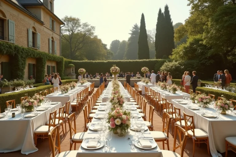 Vue panoramique d'un lieu de mariage élégant dans un château de campagne française avec tables décorées et invités en tenue de soirée