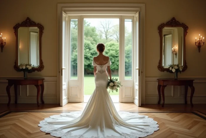 Mariée élégante en robe ivoire tenant un bouquet de pivoines devant des portes-fenêtres ouvrant sur un jardin français
