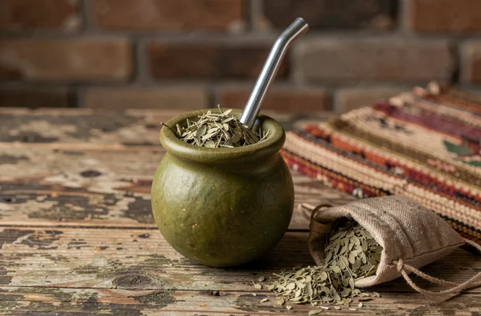 Calebasse traditionnelle de maté avec une bombilla en métal et des feuilles de yerba maté séchées, infusion énergisante pour la satiété