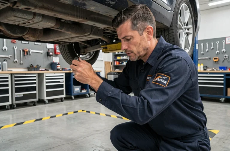 Mécanicien professionnel inspectant le dessous d'un véhicule au Garage Clavel, atelier bien organisé et propre